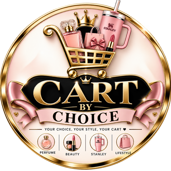 A circular promotional graphic for 'CART BY CHOICE' featuring a gold shopping cart filled with beauty and lifestyle items, including a pink perfume bottle, lipstick, a pink Stanley tumbler, and shopping bags. The design uses a pink and gold color palette with elegant ribbon details and small icons at the bottom labeled 'PERFUME', 'BEAUTY', 'STANLEY', and 'LIFESTYLE'.