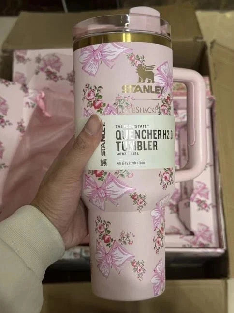 Stanley LoveShackFancy tumbler, Stanley 40oz tumbler, LoveShackFancy Quencher, pink Stanley tumbler, Stanley holiday tumbler, 40 oz Quencher, insulated tumbler, Stanley Quencher H2.0, pink insulated cup, limited edition Stanley tumbler