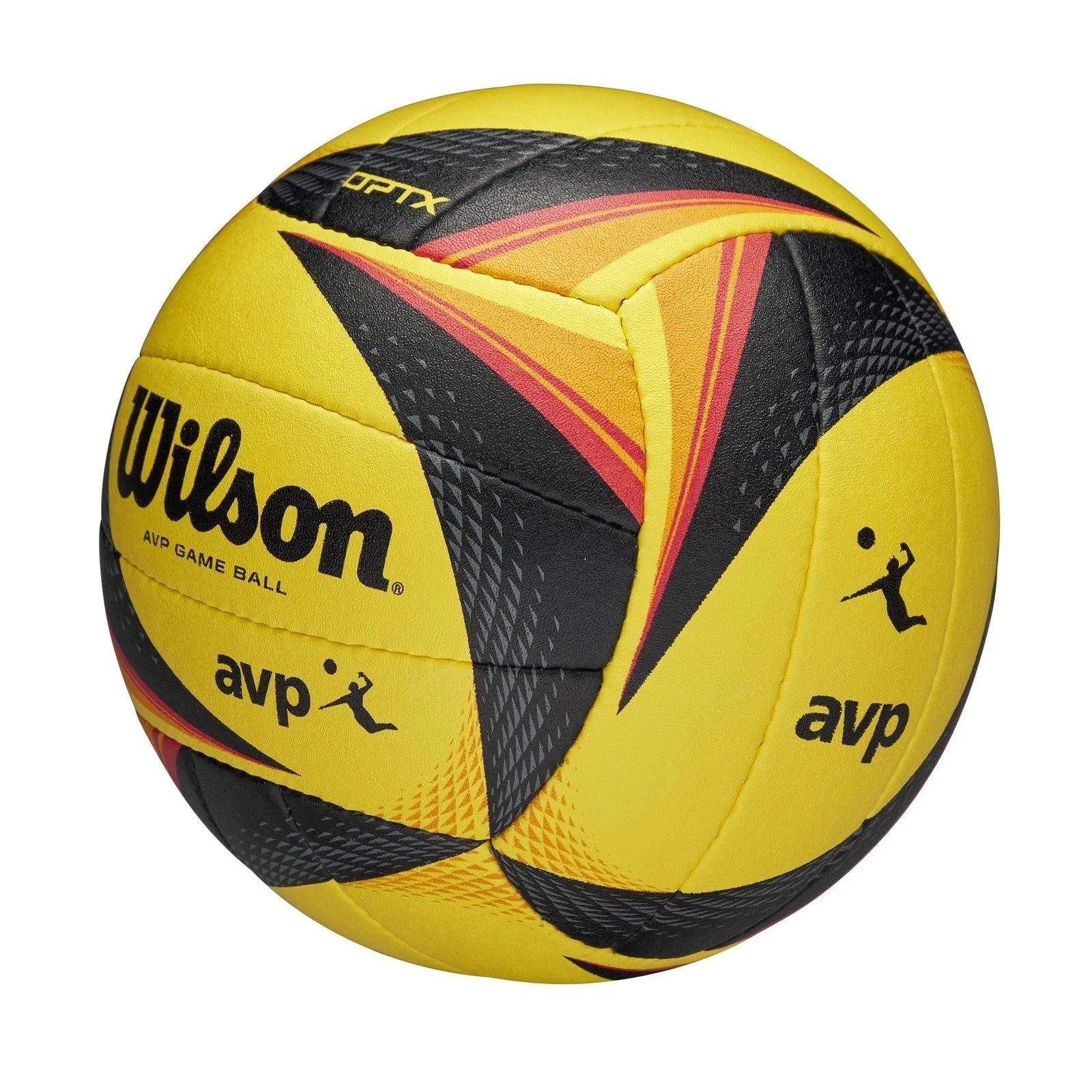 Wilson AVP OPTX volleyball, Wilson beach volleyball, official size beach volleyball, yellow black volleyball, AVP OPTX game ball, Wilson volleyball ball, beach volleyball equipment, outdoor volleyball