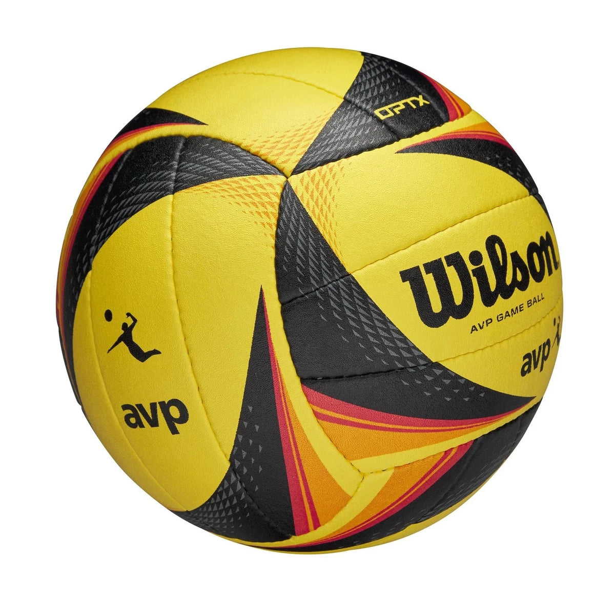 Wilson AVP OPTX volleyball, Wilson beach volleyball, official size beach volleyball, yellow black volleyball, AVP OPTX game ball, Wilson volleyball ball, beach volleyball equipment, outdoor volleyball
