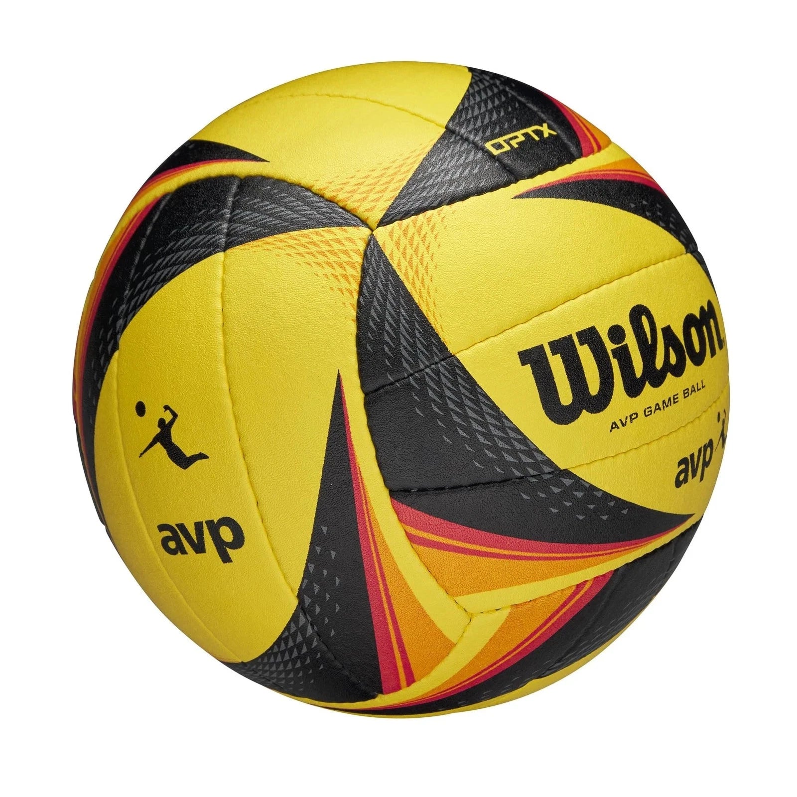 Wilson AVP OPTX volleyball, Wilson beach volleyball, official size beach volleyball, yellow black volleyball, AVP OPTX game ball, Wilson volleyball ball, beach volleyball equipment, outdoor volleyball
